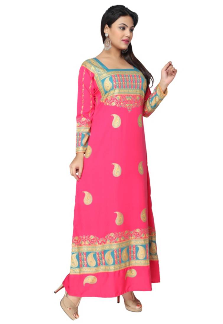 Pink American Crepe Printed Long Kaftan  with Long Sleeves