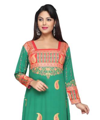 Cyan Green American Crepe Printed Long Kaftan  with Long Sleeves 1