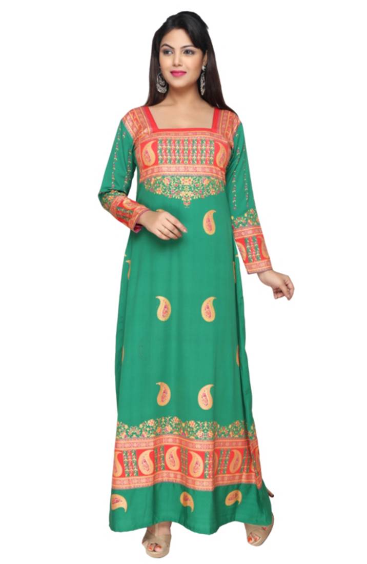 Cyan Green American Crepe Printed Long Kaftan  with Long Sleeves