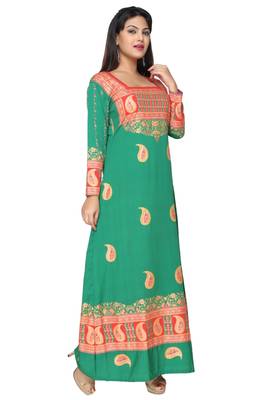 Cyan Green American Crepe Printed Long Kaftan  with Long Sleeves 3