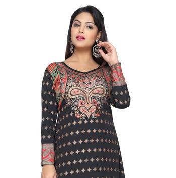 Black American Crepe Printed Long Kaftan  with Long Sleeves 1