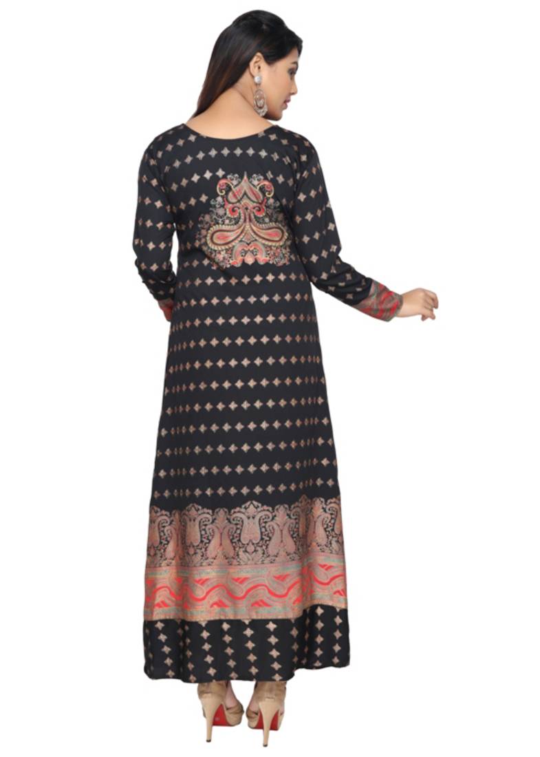 Black American Crepe Printed Long Kaftan  with Long Sleeves