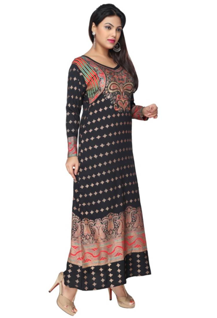 Black American Crepe Printed Long Kaftan  with Long Sleeves