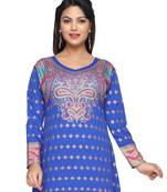 Roya Blue American Crepe Printed Long Kaftan  with Long Sleeves