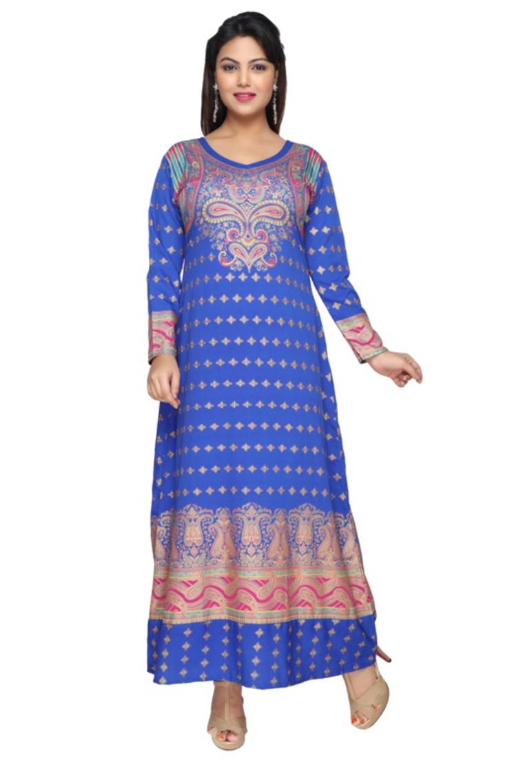 Roya Blue American Crepe Printed Long Kaftan  with Long Sleeves