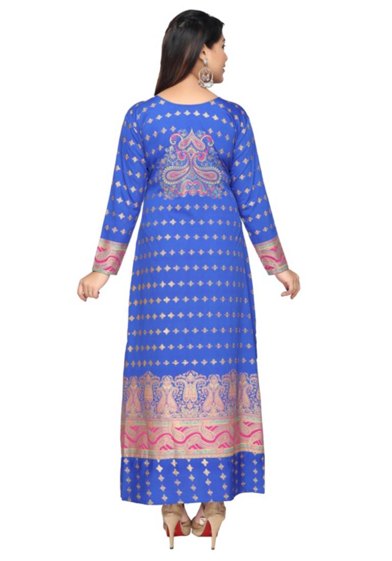 Roya Blue American Crepe Printed Long Kaftan  with Long Sleeves