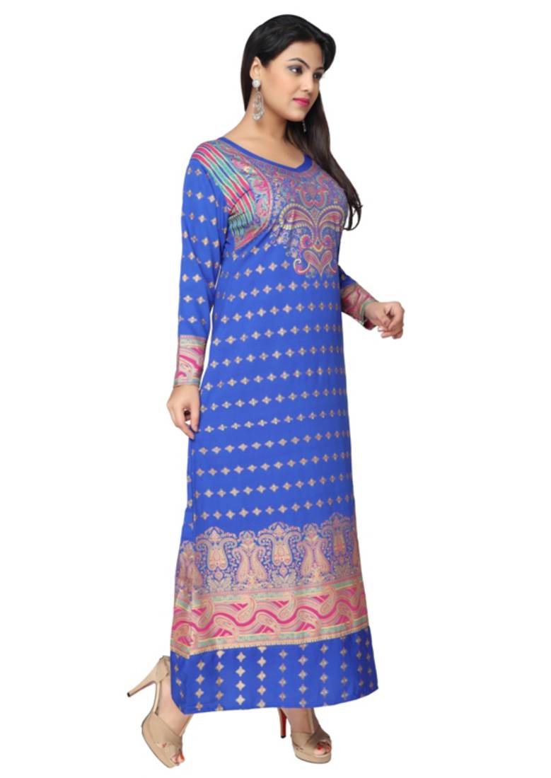 Roya Blue American Crepe Printed Long Kaftan  with Long Sleeves