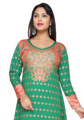 Cyan Green American Crepe Printed Long Kaftan  with Long Sleeves 1