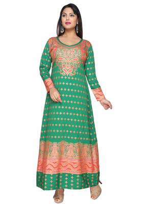 Cyan Green American Crepe Printed Long Kaftan  with Long Sleeves 2