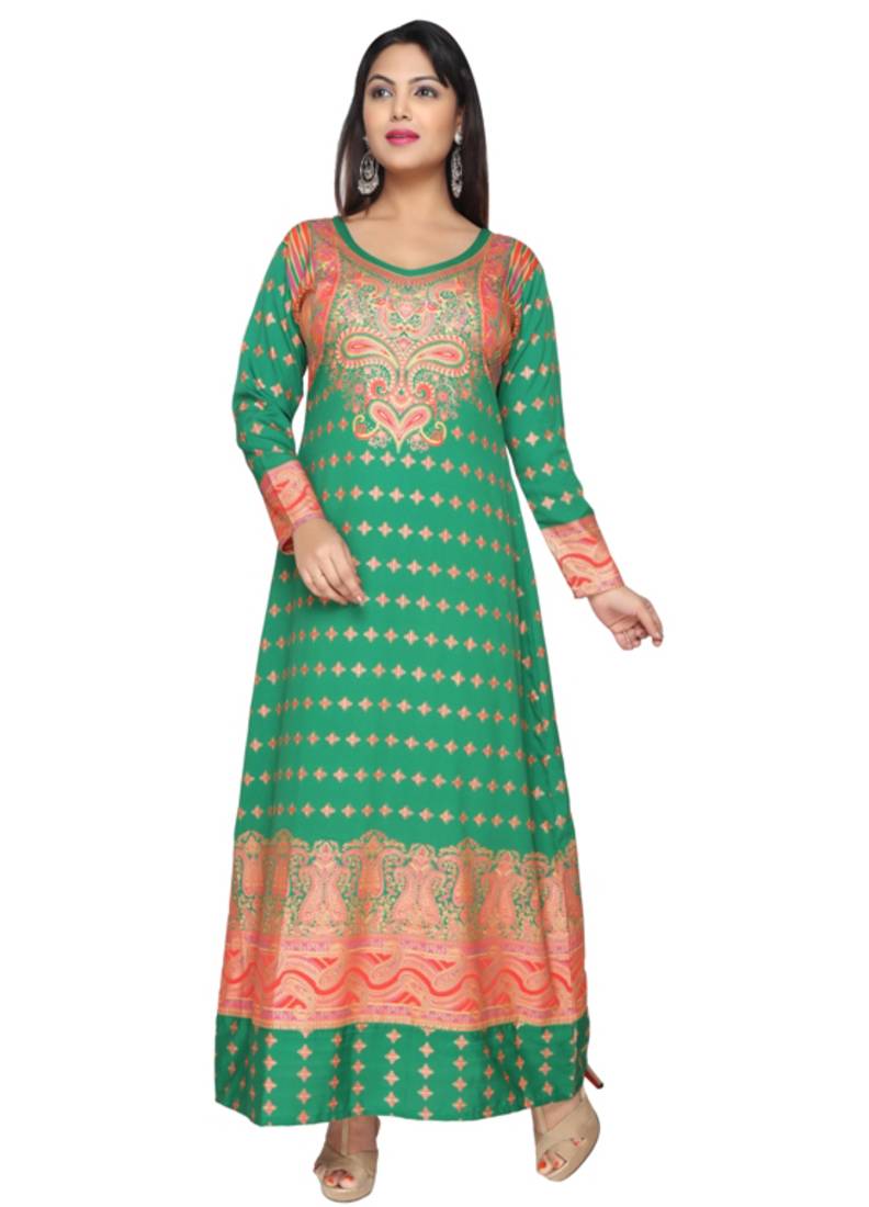 Cyan Green American Crepe Printed Long Kaftan  with Long Sleeves