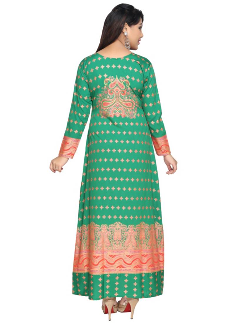 Cyan Green American Crepe Printed Long Kaftan  with Long Sleeves