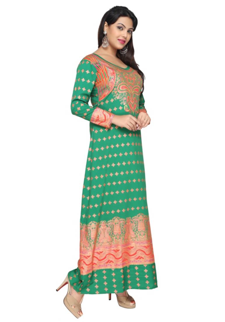 Cyan Green American Crepe Printed Long Kaftan  with Long Sleeves
