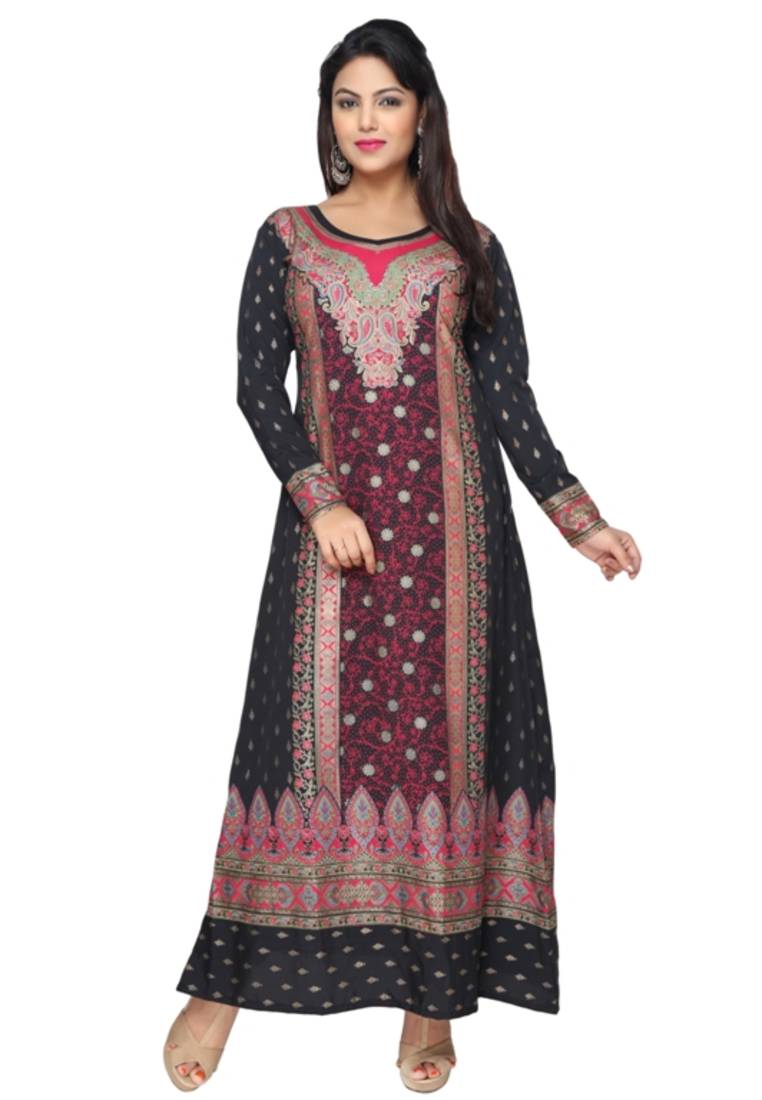 Black with Red  American Crepe Printed Long Kaftan  with Long Sleeves