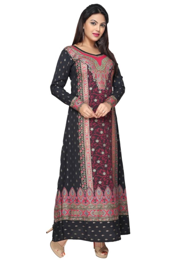 Black with Red  American Crepe Printed Long Kaftan  with Long Sleeves