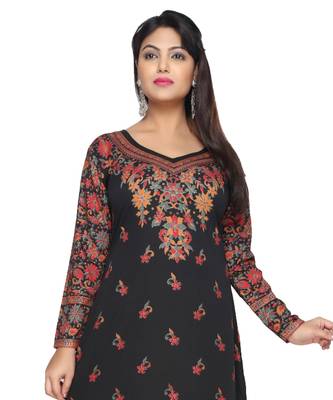 Black American Crepe Printed Long Kaftan  with Long Sleeves 1