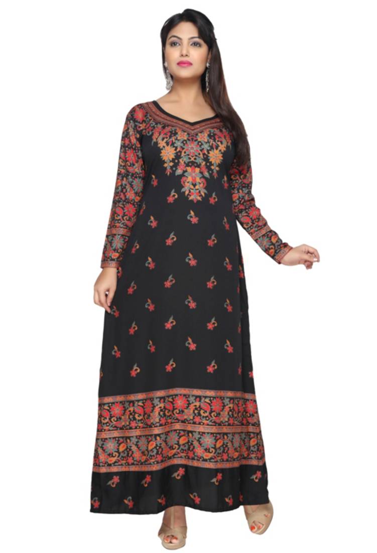 Black American Crepe Printed Long Kaftan  with Long Sleeves