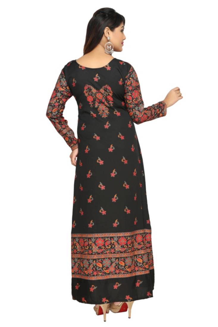Black American Crepe Printed Long Kaftan  with Long Sleeves