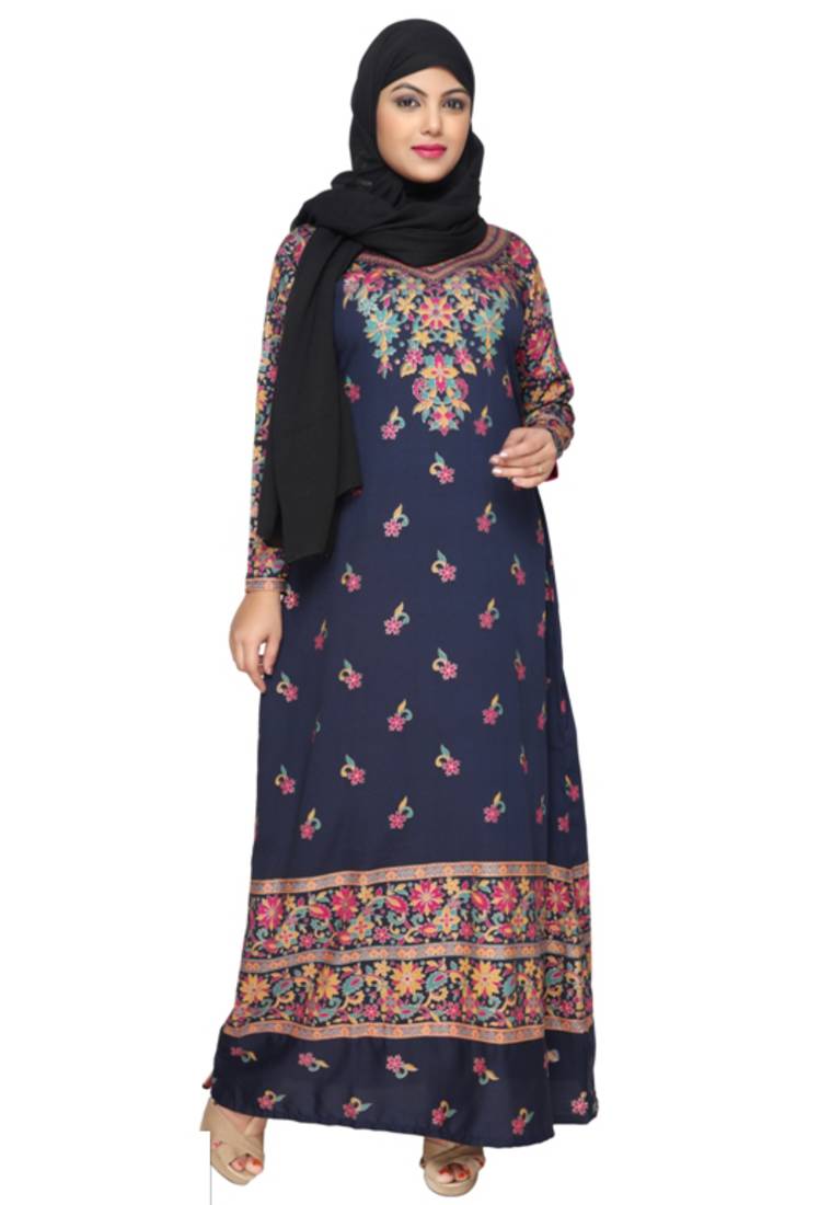 Navy Blue American Crepe Printed Long Kaftan  with Long Sleeves