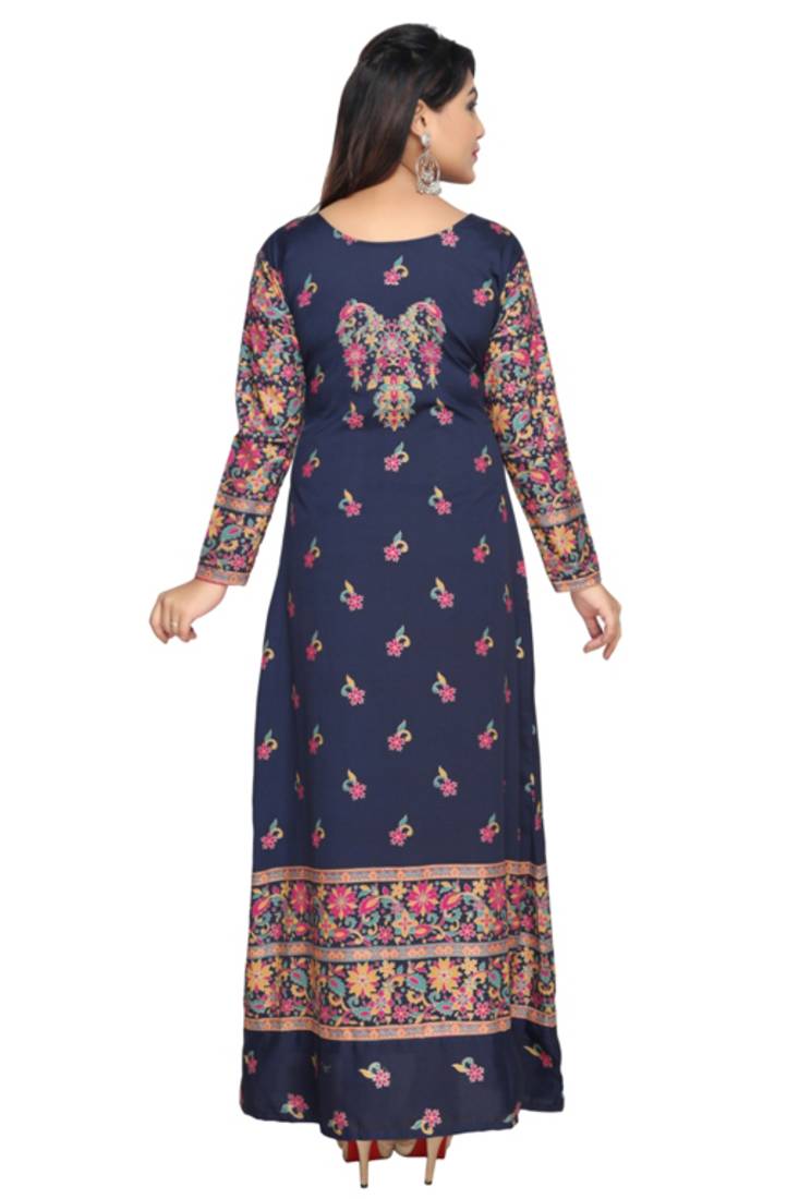 Navy Blue American Crepe Printed Long Kaftan  with Long Sleeves