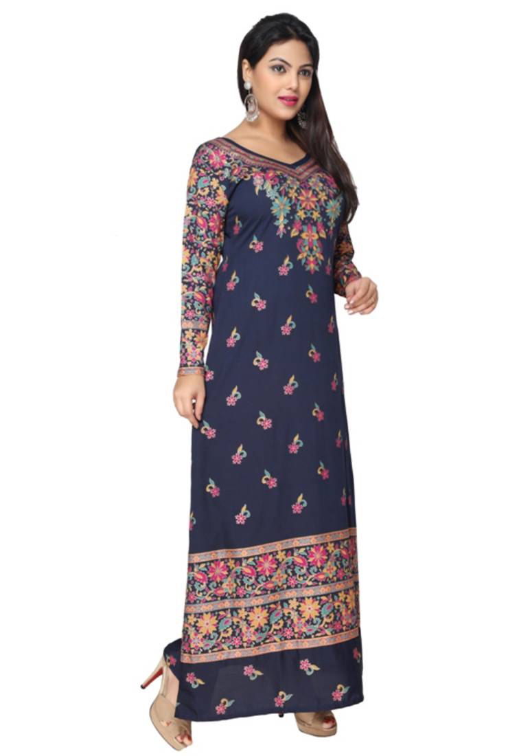 Navy Blue American Crepe Printed Long Kaftan  with Long Sleeves