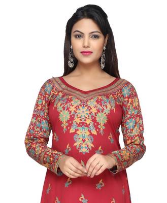 Maroon American Crepe Printed Long Kaftan  with Long Sleeves 1