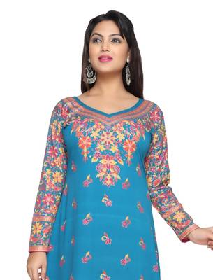 Turquoise Blue American Crepe Printed Long Kaftan  with Long Sleeves 1