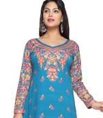 Turquoise Blue American Crepe Printed Long Kaftan  with Long Sleeves