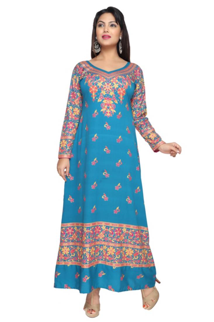 Turquoise Blue American Crepe Printed Long Kaftan  with Long Sleeves