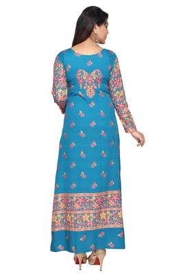 Turquoise Blue American Crepe Printed Long Kaftan  with Long Sleeves 3