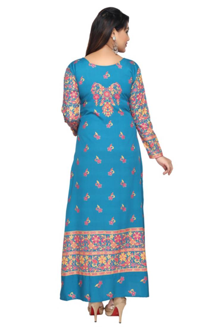 Turquoise Blue American Crepe Printed Long Kaftan  with Long Sleeves