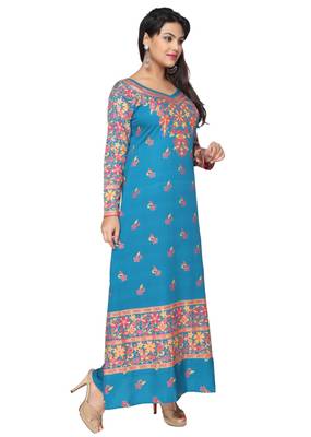 Turquoise Blue American Crepe Printed Long Kaftan  with Long Sleeves 4