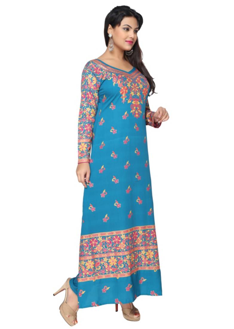 Turquoise Blue American Crepe Printed Long Kaftan  with Long Sleeves