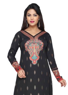Black American Crepe Printed Long Kaftan  with Long Sleeves 1