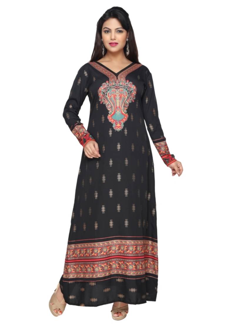 Black American Crepe Printed Long Kaftan  with Long Sleeves