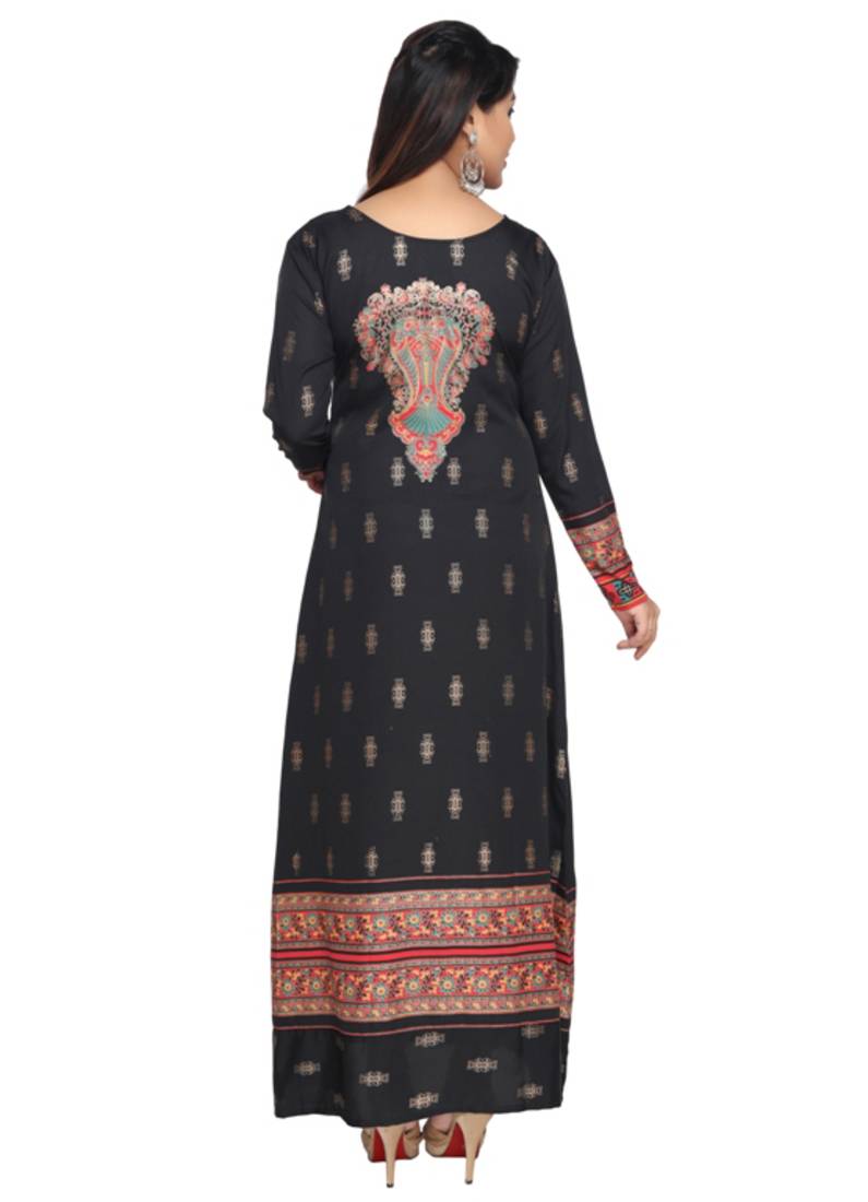 Black American Crepe Printed Long Kaftan  with Long Sleeves