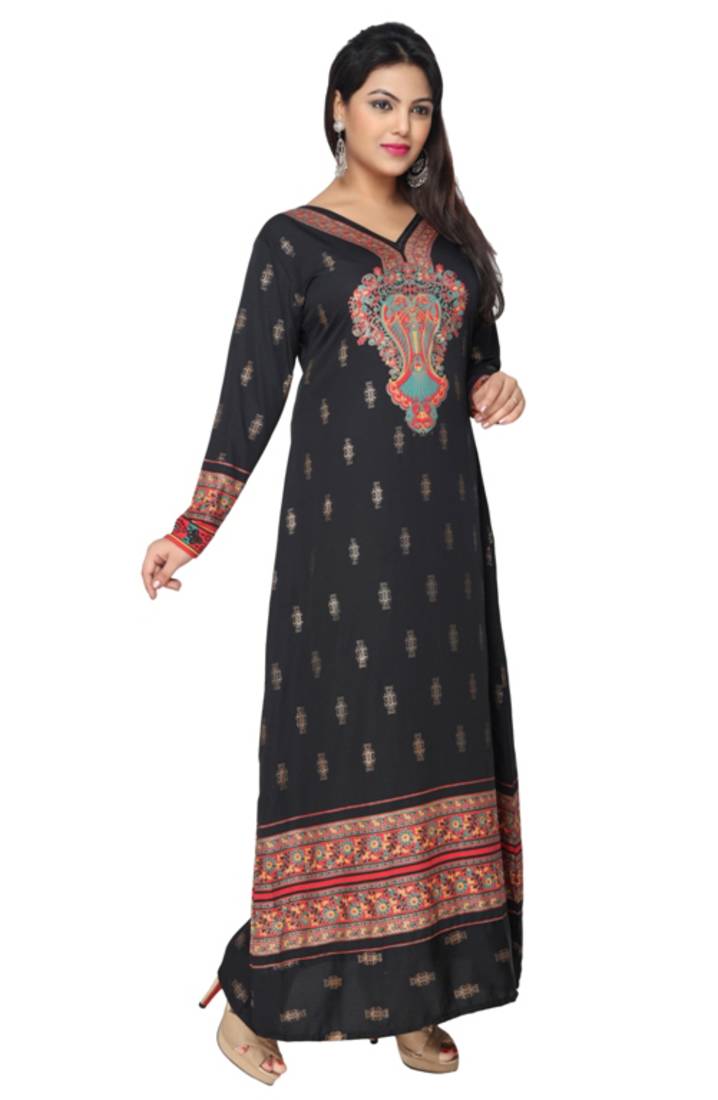 Black American Crepe Printed Long Kaftan  with Long Sleeves