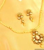 Kundan Meenakari Uncut Pendant Set With Pearl Chain