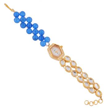 Blue Golden Stylish Kundan Watch 1