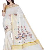 Cream Embroidered Cotton Saree With Blouse