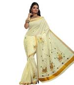 Cream Embroidered Cotton Saree With Blouse