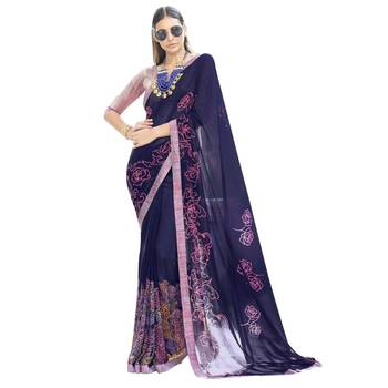 Navy blue printed georgette saree with blouse 1