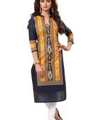 Navy unstitched printed cotton kurti material for women
