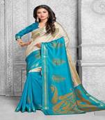 Turquoise printed silk saree with blouse