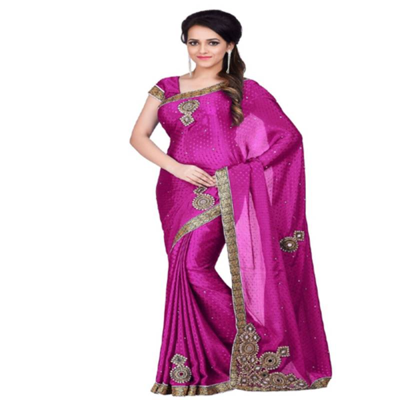 Rosy Blossom (Handpainted Chiffon Saree in Rani Pink)