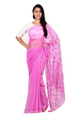 Dark pink embroidered georgette saree with blouse 1