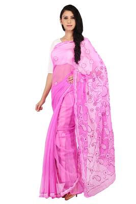 Dark pink embroidered georgette saree with blouse 2