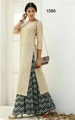 Cream printed silk unstitched lehnega 1