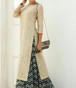 Cream printed silk unstitched lehnega