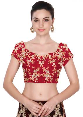 Fabron Short sleeves red embroidered unstitched blouse for women 1