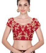 Fabron Short sleeves red embroidered unstitched blouse for women